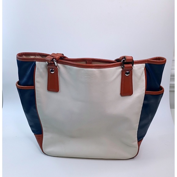 Coach Park Leather Color Block Tote Bag Vintage Cream Navy Brown F23533 Womens - Picture 4 of 16